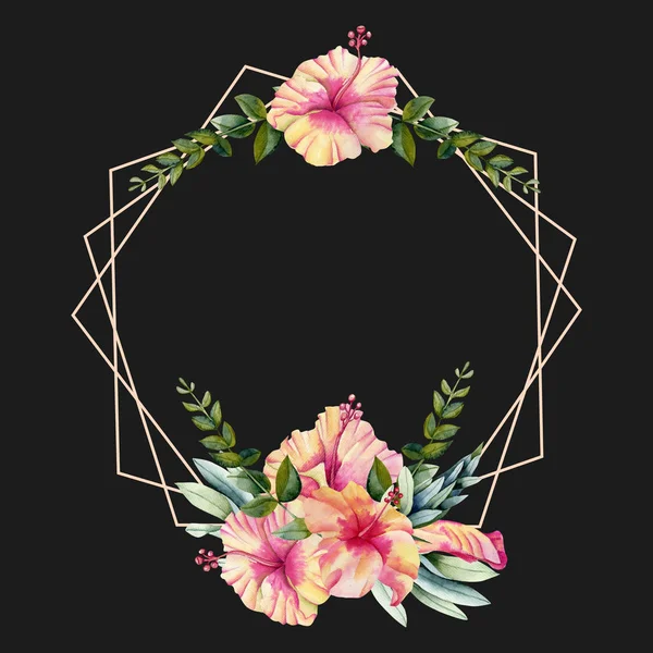 Geometriska Ram Med Akvarell Hibiscus Blommor Och Gröna Blad Hand — Stockfoto