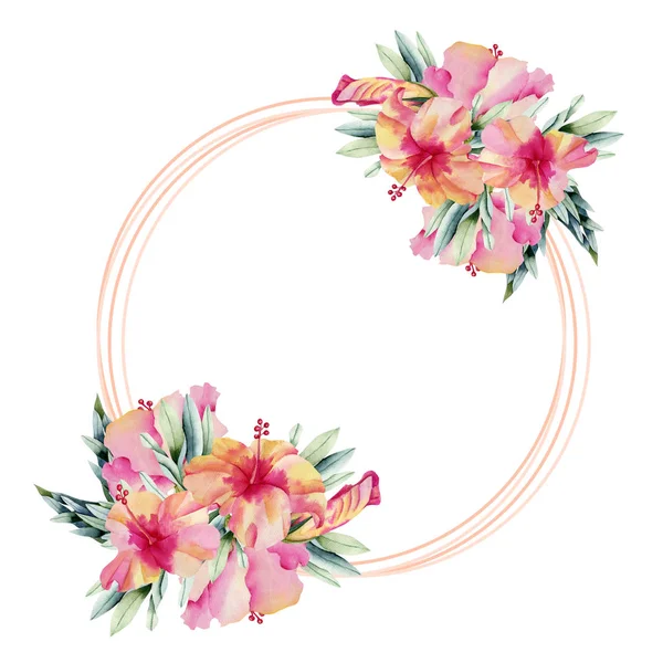 Rund Ram Med Akvarell Hibiscus Blommor Och Gröna Blad Handmålad — Stockfoto