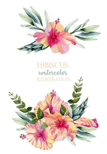 Aquarela Hibisco Flores Folhas Buquês Coleção Pintado Mão Isolado Fundo — Fotografia de Stock