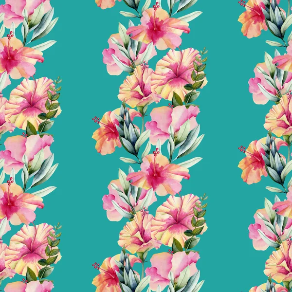 Acuarela Flores Hibisco Hojas Ornamento Patrón Sin Costuras Pintado Mano — Foto de Stock
