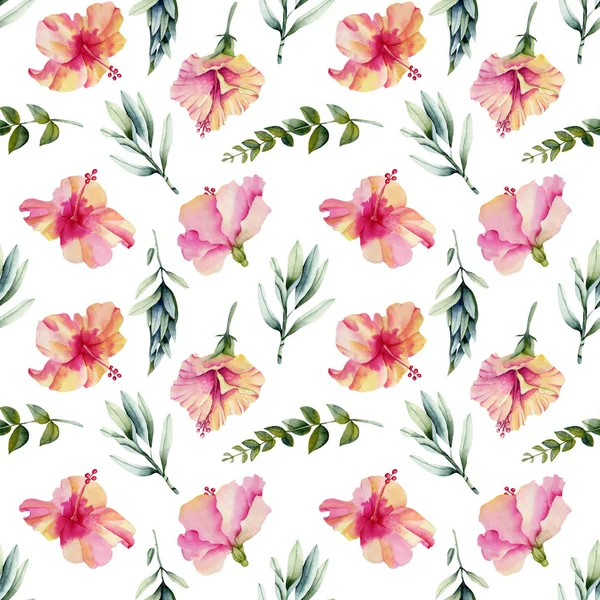 Watercolor Hibiscus Flowers Green Branches Leaves Seamless Pattern Hand Painted — Stock Photo, Image