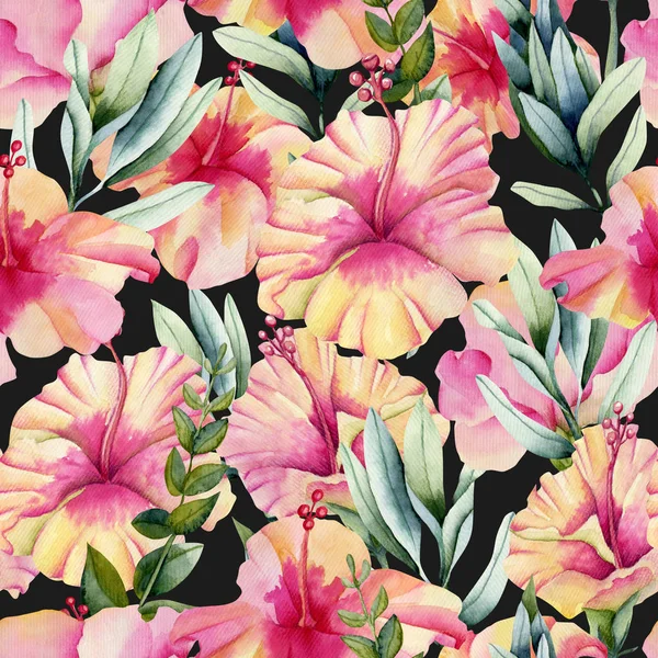 Aquarell Hibiskusblüten Und Blätter Mit Nahtlosem Muster Handgemalt Auf Schwarzem — Stockfoto