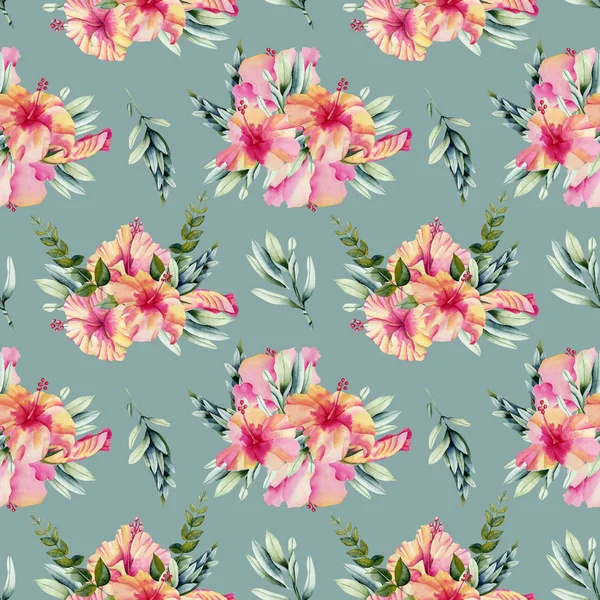 Watercolor Hibiscus Flowers Branhces Leaves Bouquets Seamless Pattern Hand Painted — Stock Photo, Image