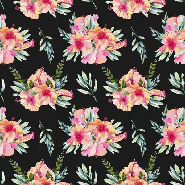 Akvarell Hibiscus Blommor Branhces Och Lämnar Buketter Sömlösa Mönster Handmålad — Stockfoto