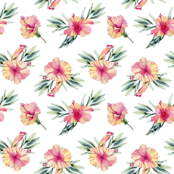 Watercolor Hibiscus Flowers Branhces Leaves Bouquets Seamless Pattern Hand Painted — Stock Photo, Image