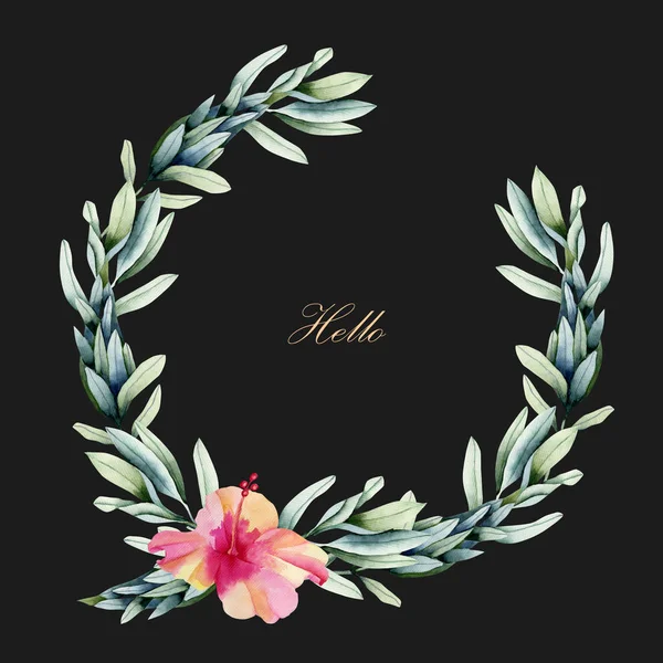 Wreath Watercolor Hibiscus Flower Green Branches Hand Painted Dark Background — Stock Photo, Image