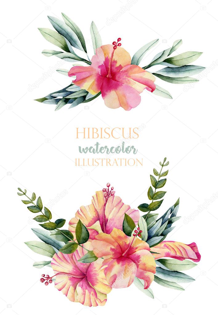 Watercolor hibiscus flowers and leaves bouquets collection, hand painted isolated on a white background