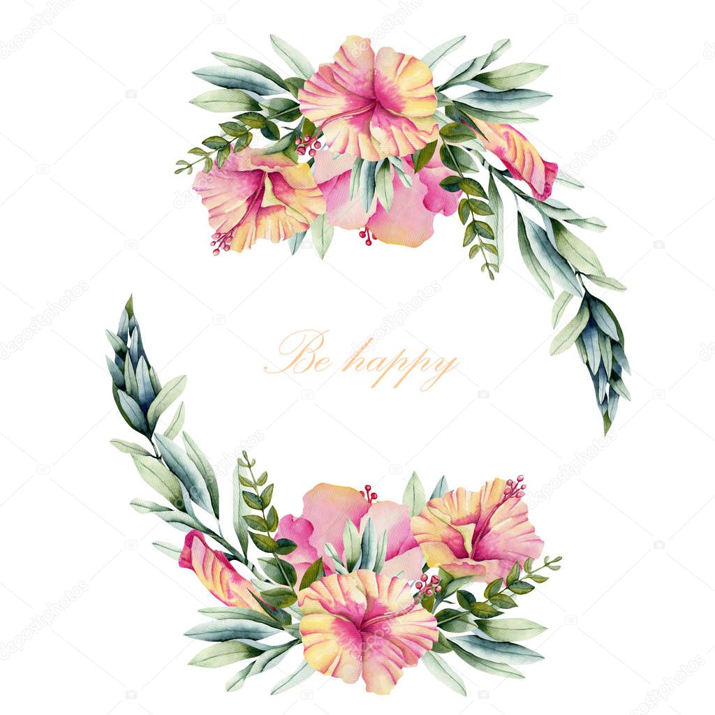 Wreath with watercolor hibiscus flowers, green branches and leaves, hand painted on a white background, decorative floral design