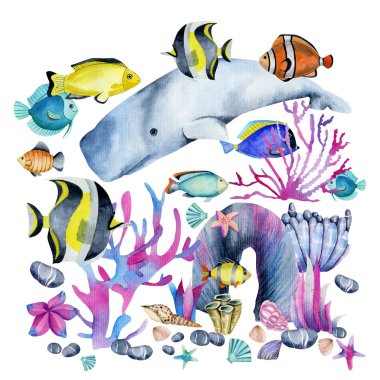 Beyaz bir arka plan üzerine boyalı el suluboya balina ve okyanus tropikal egzotik balıkları mercan illüstrasyon arasında