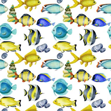 Beyaz bir arka plan üzerine suluboya balık cerrah, goldfishes ve diğer oceanic balıklar, el ile Seamless modeli boyalı
