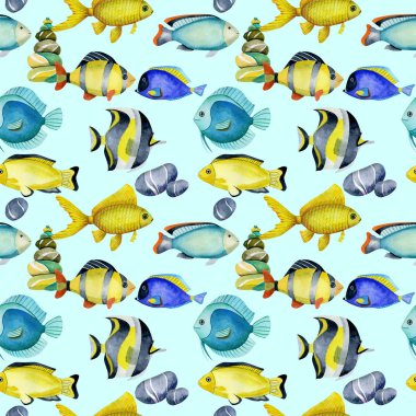 Mavi bir arka plan üzerine suluboya balık cerrah, goldfishes ve diğer oceanic balıklar, el ile Seamless modeli boyalı