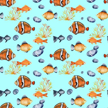 Mavi bir arka plan üzerine boyalı el ile suluboya palyaço balıkçı Dikişsiz desen ve okyanusun dibinde oceanic diğer balıklar