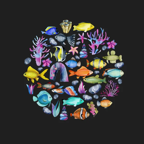 圆环从水彩画海洋鱼类 珊瑚和海藻装饰品 手绘在黑暗的背景 — 图库照片