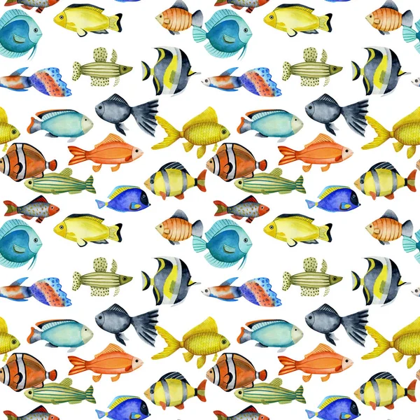 Seamless pattern with watercolor oceanic tropical exotic fishes, hand painted on a white background