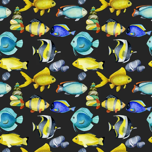 Безшовний Візерунок Хірургом Акварельних Риб Золотими Рибами Іншими Океанічними Рибами — стокове фото