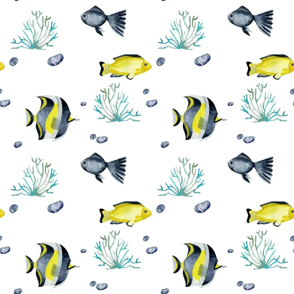 Бесшовный Рисунок Акварелью Рыбой Хирургом Другими Океаническими Рыбами Раскрашенными Вручную — стоковое фото
