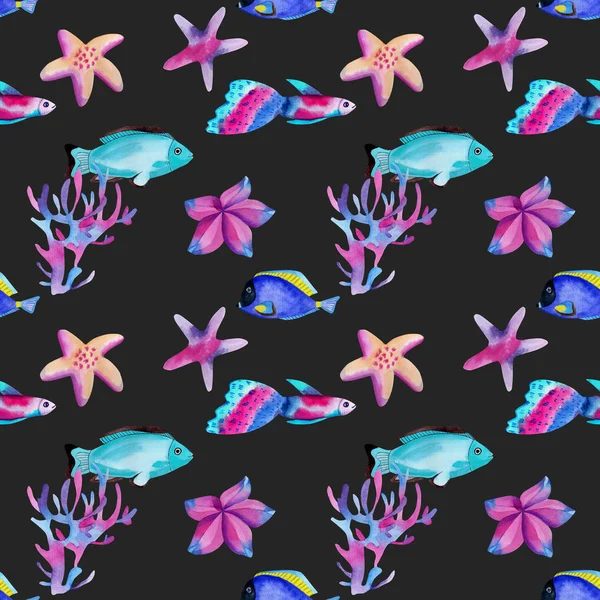 Nahtloses Muster Mit Aquarell Ozeanischen Fischen Und Seesternen Auf Dem — Stockfoto