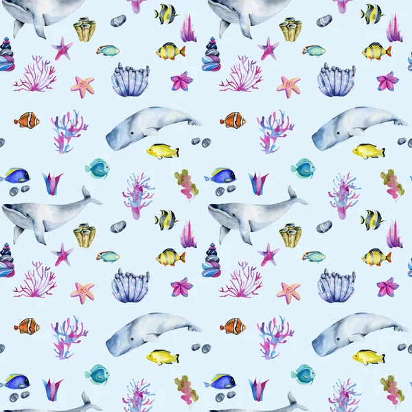 Nahtloses Muster Mit Aquarell Ozeanischen Fischen Und Walen Auf Dem — Stockfoto