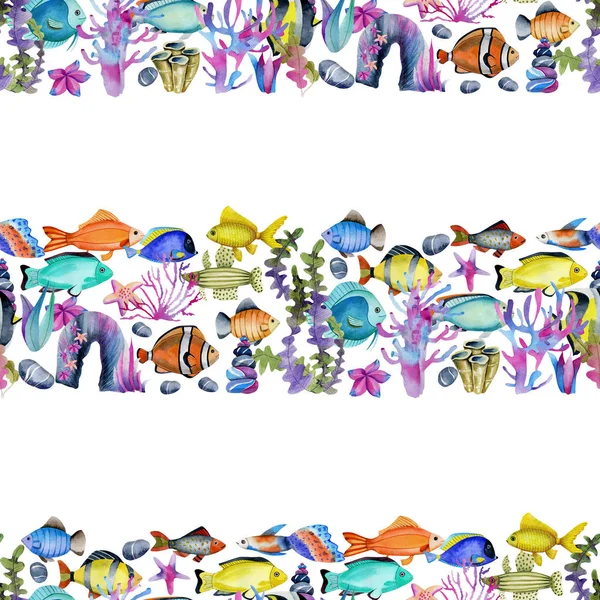 Безшовний Візерунок Акварельними Океанічними Рибами Коралами Орнаментом Морських Водоростей Рука — стокове фото