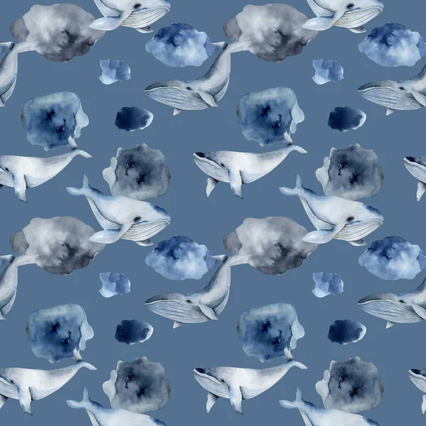 Nahtloses Muster Mit Aquarellfarbenen Blauen Walen Und Abstrakten Formen Handgemalt — Stockfoto