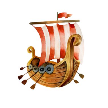 Suluboya Viking Drakkar illüstrasyon, elle çizilmiş bir beyaz arka plan üzerinde izole.
