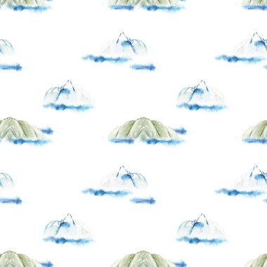 Suluboya dağ ve deniz seamless modeli, elle beyaz bir arka plan üzerinde çizilmiş