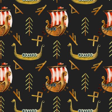 Suluboya viking drakkars ve runes seamless modeli, elle karanlık bir arka plan üzerinde çizilmiş