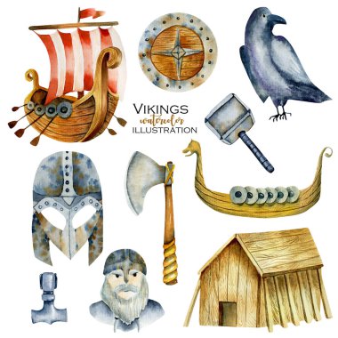 Viking kültür, suluboya unsurları el çizilen illüstrasyon izole beyaz bir arka plan üzerinde