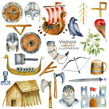 Viking kültür, suluboya unsurları el çizilen illüstrasyon izole beyaz bir arka plan üzerinde