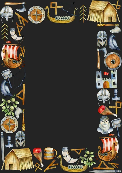Рамка Елементами Акварелі Культури Вікінгів Намальована Вручну Ілюстрація Темний Фон — стокове фото