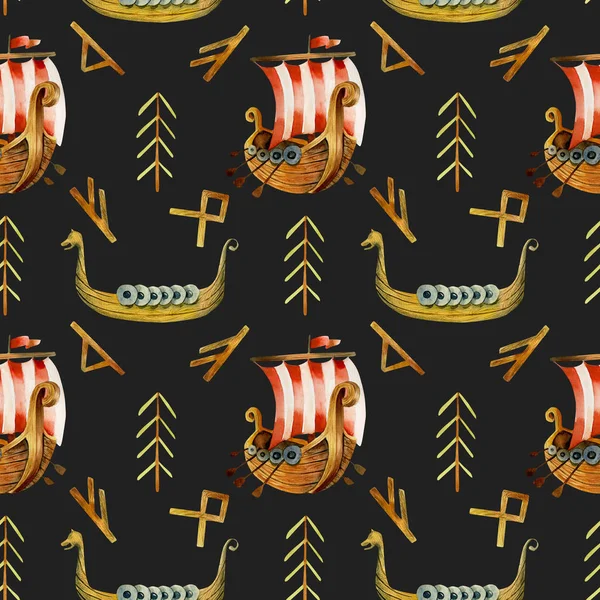 Acuarela Vikinga Drakkars Runas Patrón Sin Costura Mano Dibujada Sobre — Foto de Stock