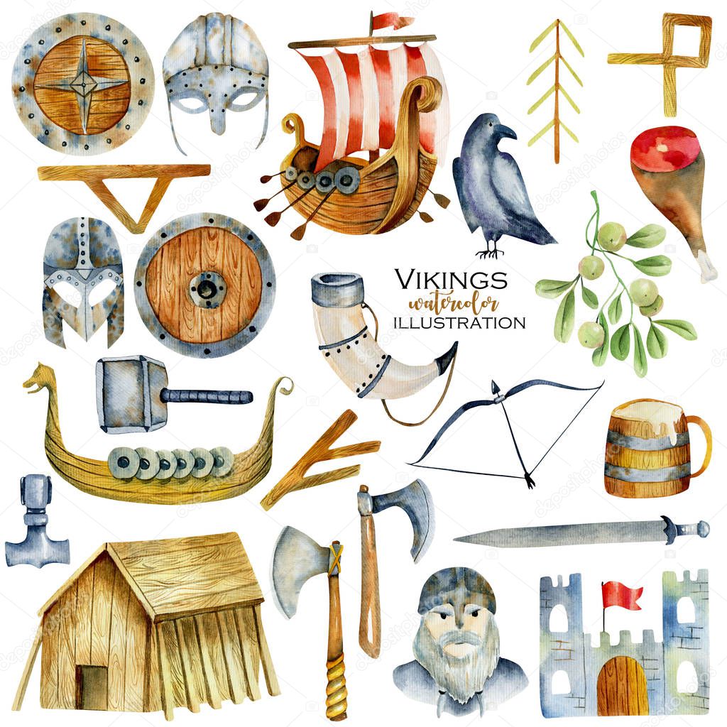 Watercolor elements of viking culture, hand drawn illustration isolated on a white background