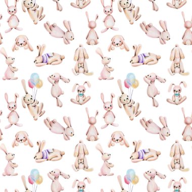 Suluboya sevimli tavşan ile Seamless Modeli el beyaz bir arka plan üzerinde çekilmiş