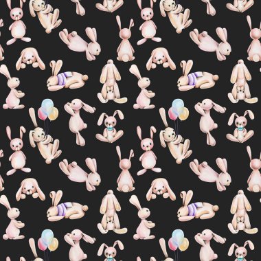 Suluboya sevimli tavşan ile Seamless Modeli el karanlık bir arka plan üzerinde çekilmiş