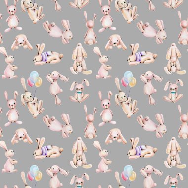 Suluboya sevimli tavşan ile Seamless Modeli el gri bir arka plan üzerinde çekilmiş