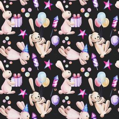 Dikişsiz desen elle çizilmiş bir koyu arka plan üzerine suluboya şirin şenlikli tavşan ve tatil öğelerle,