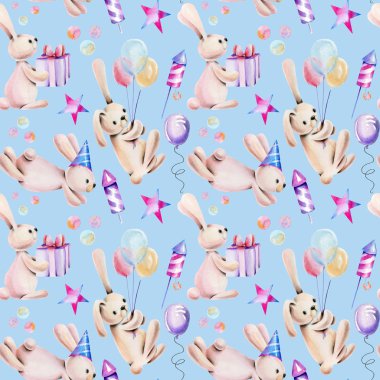 Dikişsiz desen elle çizilmiş bir mavi arka plan üzerine suluboya şirin şenlikli tavşan ve tatil öğelerle,