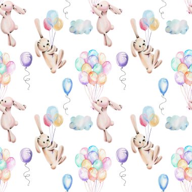 Hava balonları, suluboya sevimli tavşan ile Seamless Modeli el beyaz bir arka plan üzerinde çekilmiş