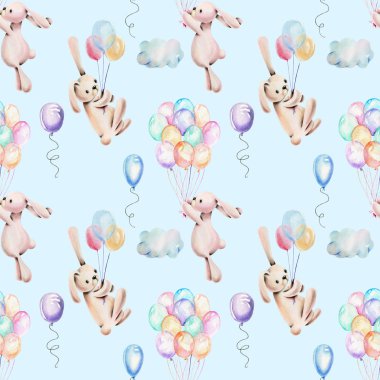 Hava balonları, suluboya sevimli tavşan ile Seamless Modeli el mavi bir arka plan üzerinde çekilmiş