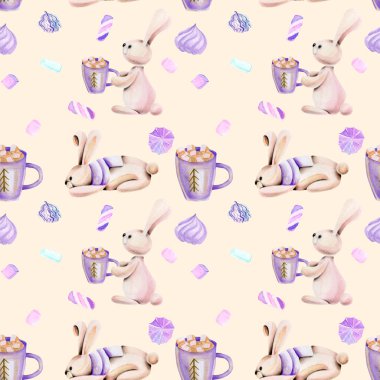 Suluboya sevimli tavşanlar ve hatmi, elle çizilmiş bir pembe ile Seamless Modeli