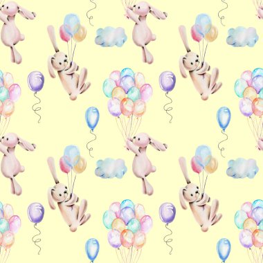 Hava balonları, suluboya sevimli tavşan ile Seamless Modeli el sarı bir arka plan üzerinde çekilmiş