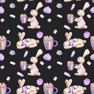 Suluboya sevimli tavşanlar ve hatmi, karanlık bir arka plan üzerinde çizilmiş el ile Seamless Modeli