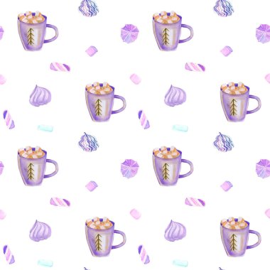 Kakao ve şekerleme, suluboya cups ile Seamless Modeli el beyaz bir arka plan üzerinde çekilmiş