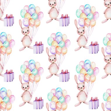 Sulu Boya şirin şenlikli tavşanlar, hediye kutuları ve hava ile Seamless Modeli elle beyaz bir arka plan üzerinde çizilmiş resimler, balonlar