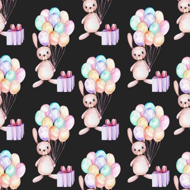 Suluboya şirin şenlikli tavşanlar, hediye kutuları ve hava ile Seamless Modeli elle karanlık bir arka plan üzerinde çizilmiş resimler, balonlar