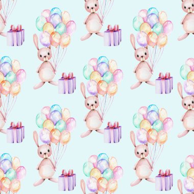 Sulu Boya şirin şenlikli tavşanlar, hediye kutuları ve hava ile Seamless Modeli elle mavi bir arka plan üzerinde çizilmiş resimler, balonlar