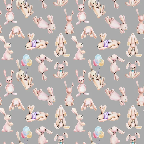 Suluboya sevimli tavşan ile Seamless Modeli el gri bir arka plan üzerinde çekilmiş
