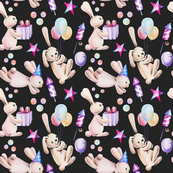 Dikişsiz desen elle çizilmiş bir koyu arka plan üzerine suluboya şirin şenlikli tavşan ve tatil öğelerle,
