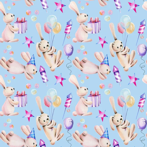 Dikişsiz desen elle çizilmiş bir mavi arka plan üzerine suluboya şirin şenlikli tavşan ve tatil öğelerle,