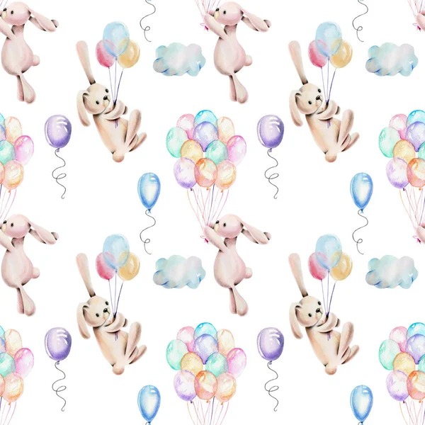 Hava balonları, suluboya sevimli tavşan ile Seamless Modeli el beyaz bir arka plan üzerinde çekilmiş